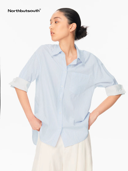 Blue White Contrast Collar Fine Stripe Mid Sleeve Loose Women&