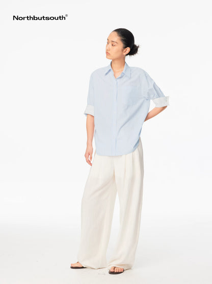 Blue White Contrast Collar Fine Stripe Mid Sleeve Loose Women&