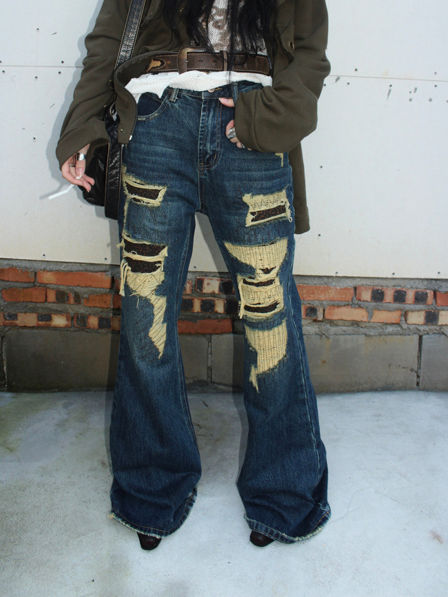 ang project Vintage Light Wash Frayed Hem Patchwork Leopard Ripped Flared Jeans