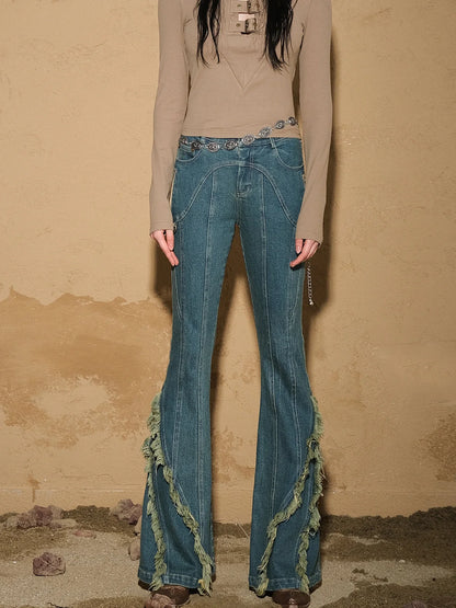 Original Design Flared Denim With Fringe Hem