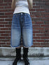 Vintage Washed Denim Mid Shorts With Elastic Waist