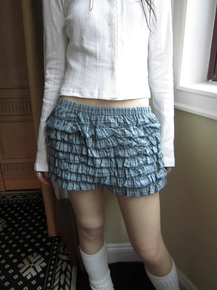 Tiered Sweet Plaid High Waisted Shorts Skirt With Elastic Waistband