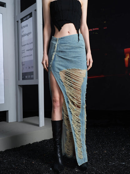 Distressed Denim Skirt With Frayed Hem