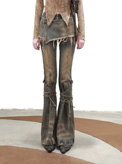 Dirty Wash Tied Hem Flared Denim Culottes