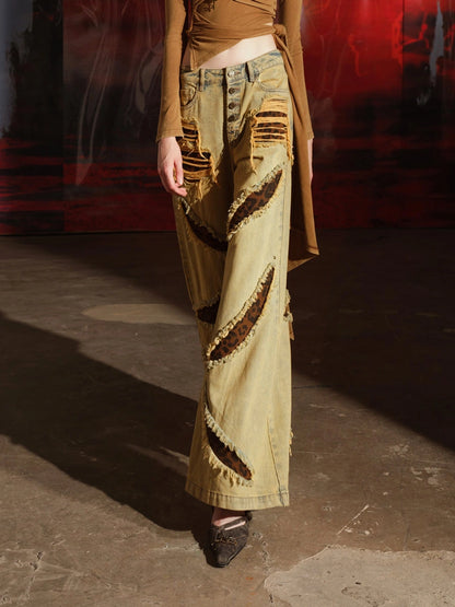 Leopard Print Patchwork Denim Flares