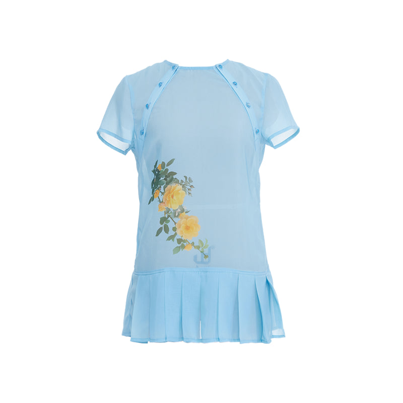 YOSHUYUKI Blue Floral Chiffon Blouse With Pleated Hem