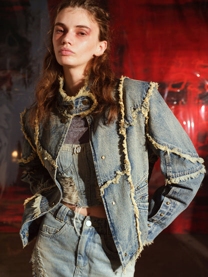UpdateNN NORTH NODE Hand Frayed Washed Denim Short Jacket With Raw Edge Details