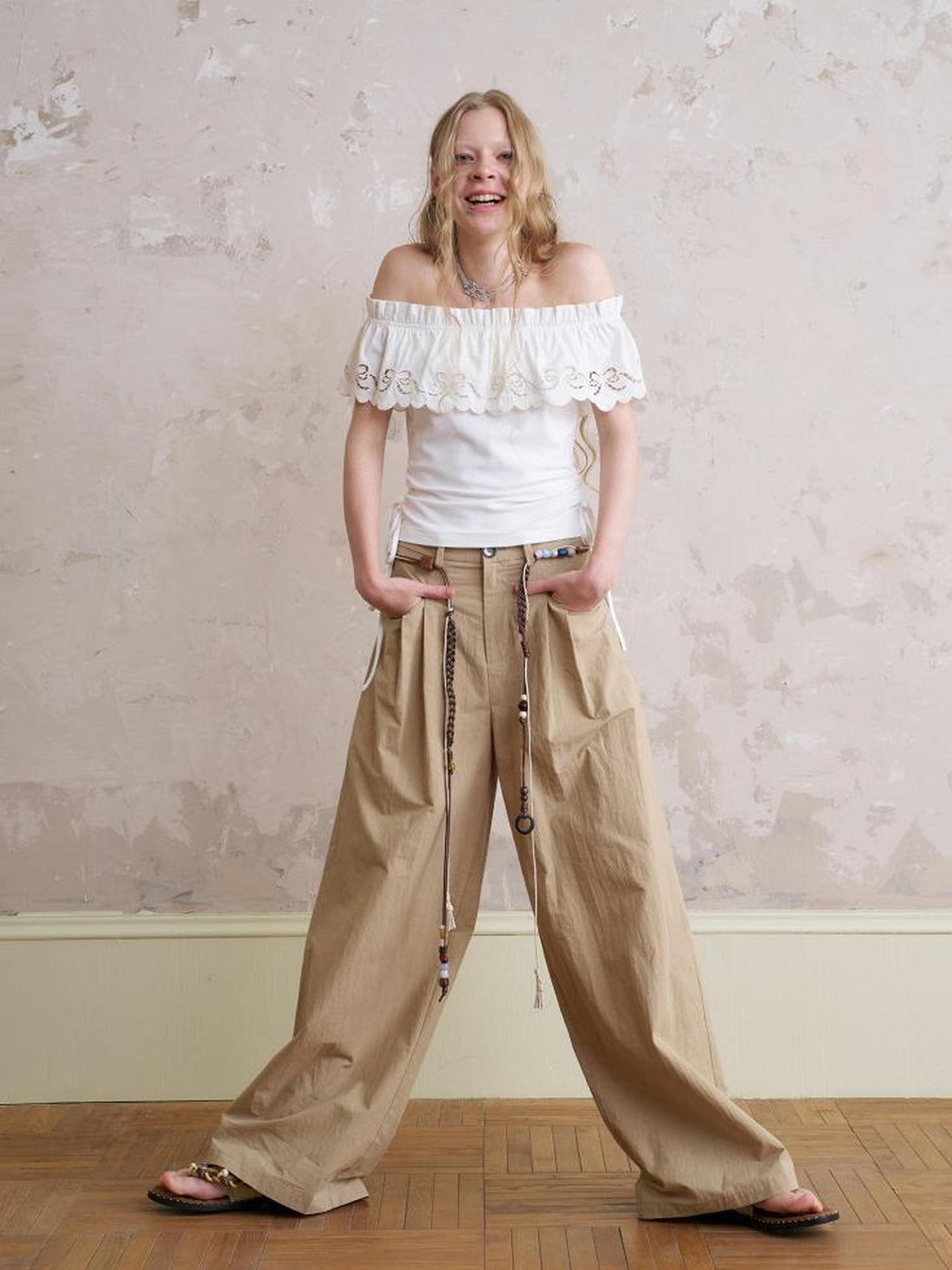 DIDDI MODA Bohemian Beaded Wide Leg Pants With DIY Waist Chain