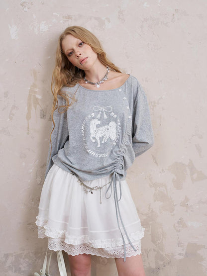 DIDDI MODA Bohemian Bow Pony Print Cropped Sleeve Tee