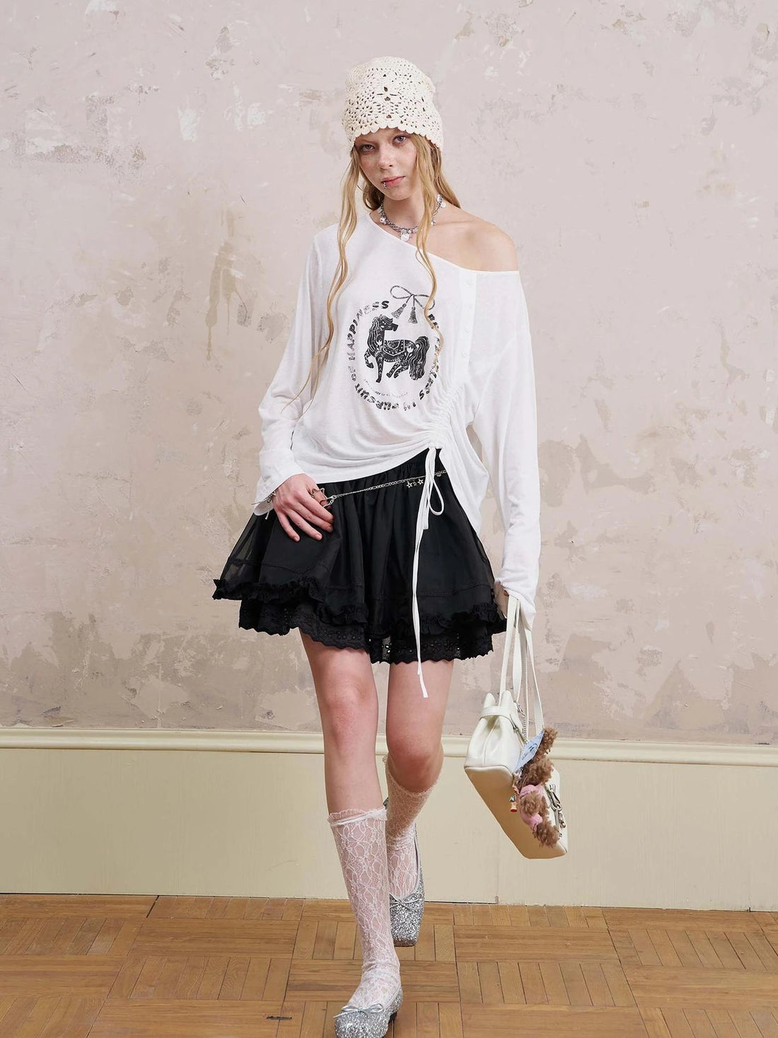Bohemian Bow Pony Print Cropped Sleeve Tee
