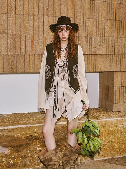 DIDDI MODA Bohemian Cashew Embroidery PU Vest