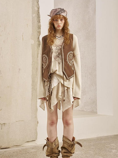 DIDDI MODA Bohemian Cashew Embroidery PU Vest