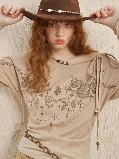 Bohemian Lace Embroidered Off Shoulder Beaded Knit Top