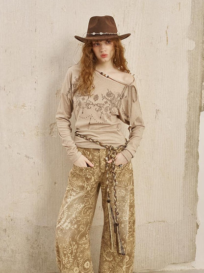 DIDDI MODA Bohemian Lace Embroidered Off Shoulder Beaded Knit Top