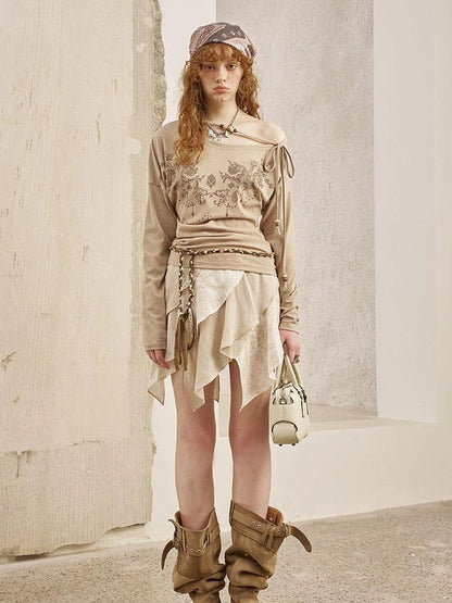 Bohemian Lace Embroidered Off Shoulder Beaded Knit Top