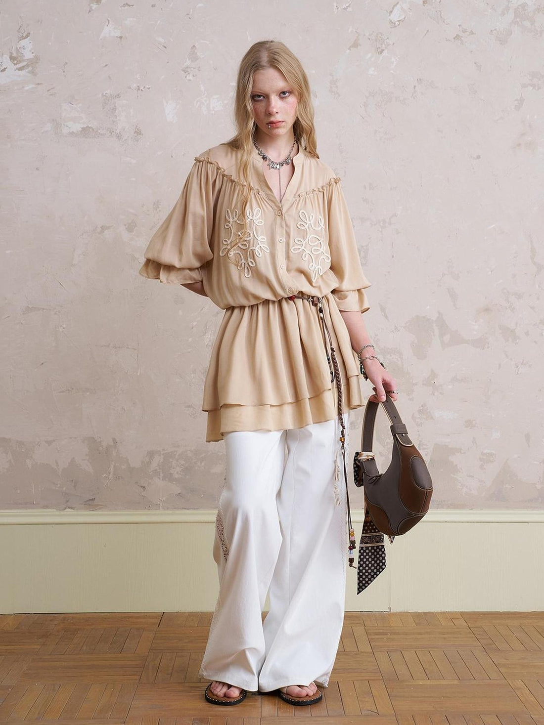 DIDDI MODA Bohemian Print Drawstring Dress Lace Trim Pants Set