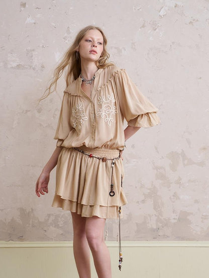 DIDDI MODA Bohemian Print Drawstring Dress Lace Trim Pants Set