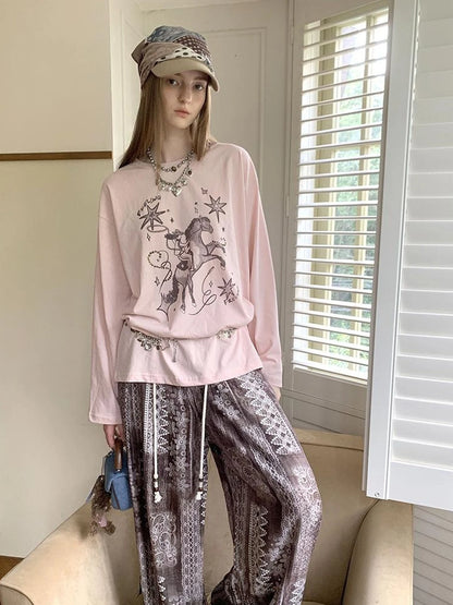 Bohemian Print Drawstring Wide Leg Pants