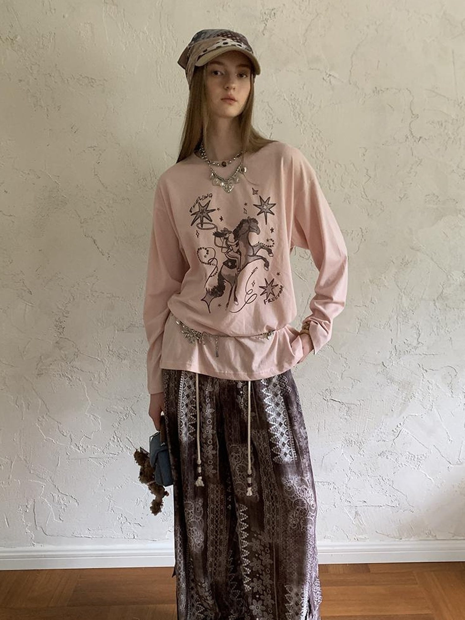 DIDDI MODA Bohemian Print Drawstring Wide Leg Pants