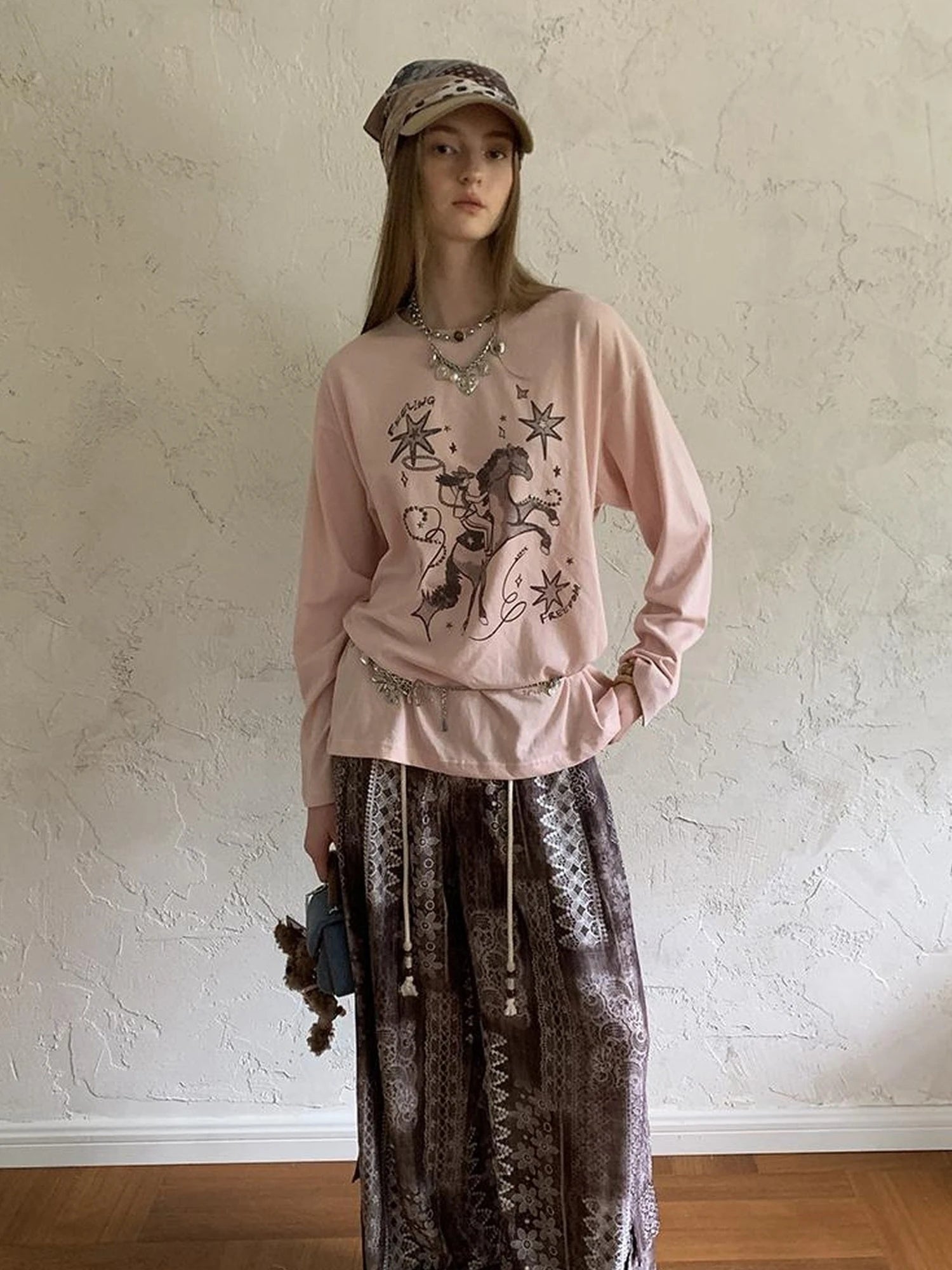 Bohemian Print Drawstring Wide Leg Pants