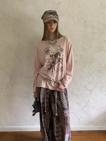 Bohemian Print Drawstring Wide Leg Pants