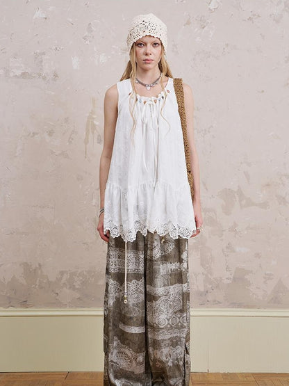 DIDDI MODA Bohemian Print Drawstring Wide Leg Pants
