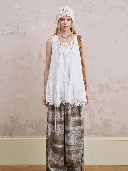 Bohemian Print Drawstring Wide Leg Pants