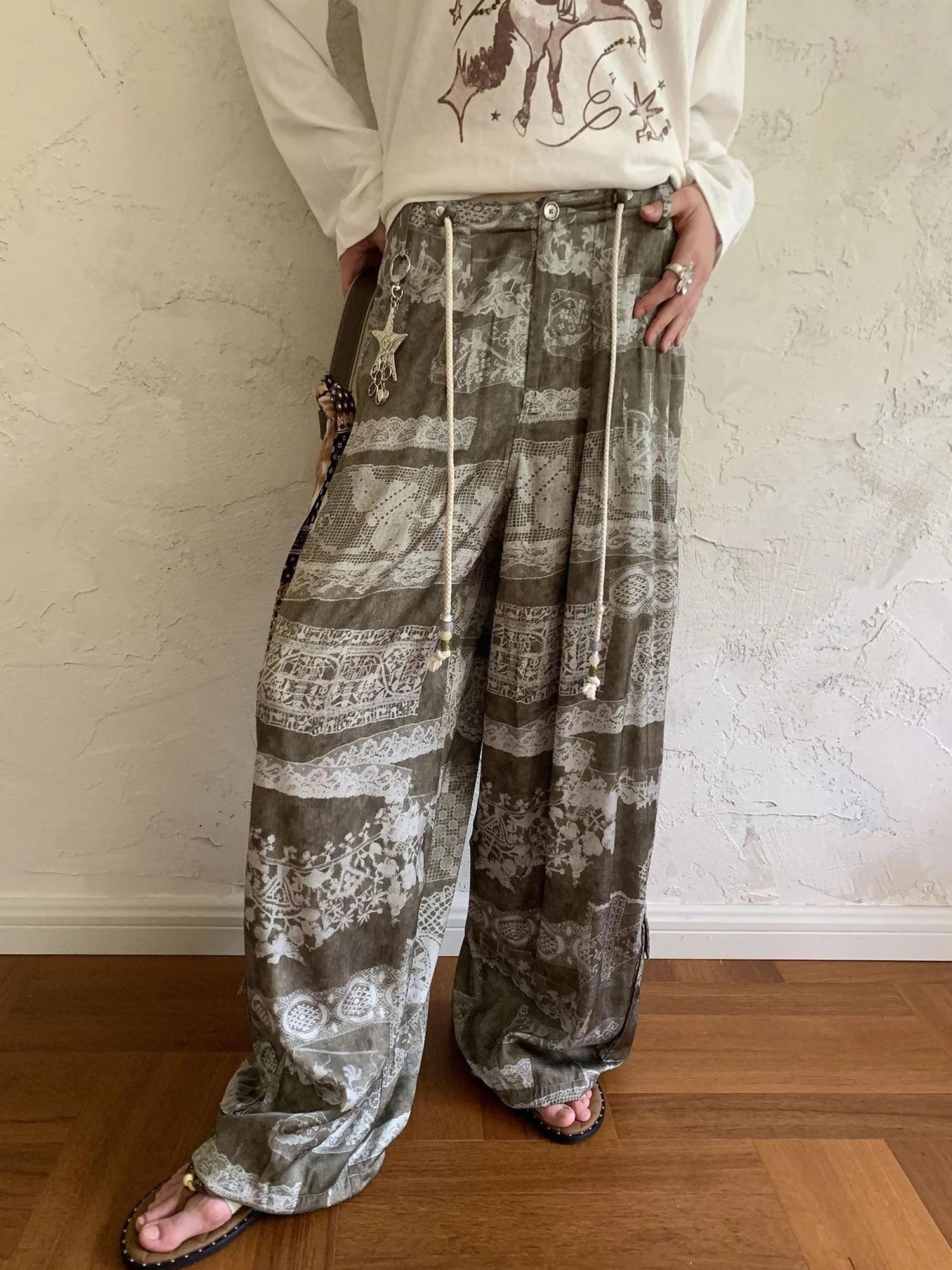 Bohemian Print Drawstring Wide Leg Pants