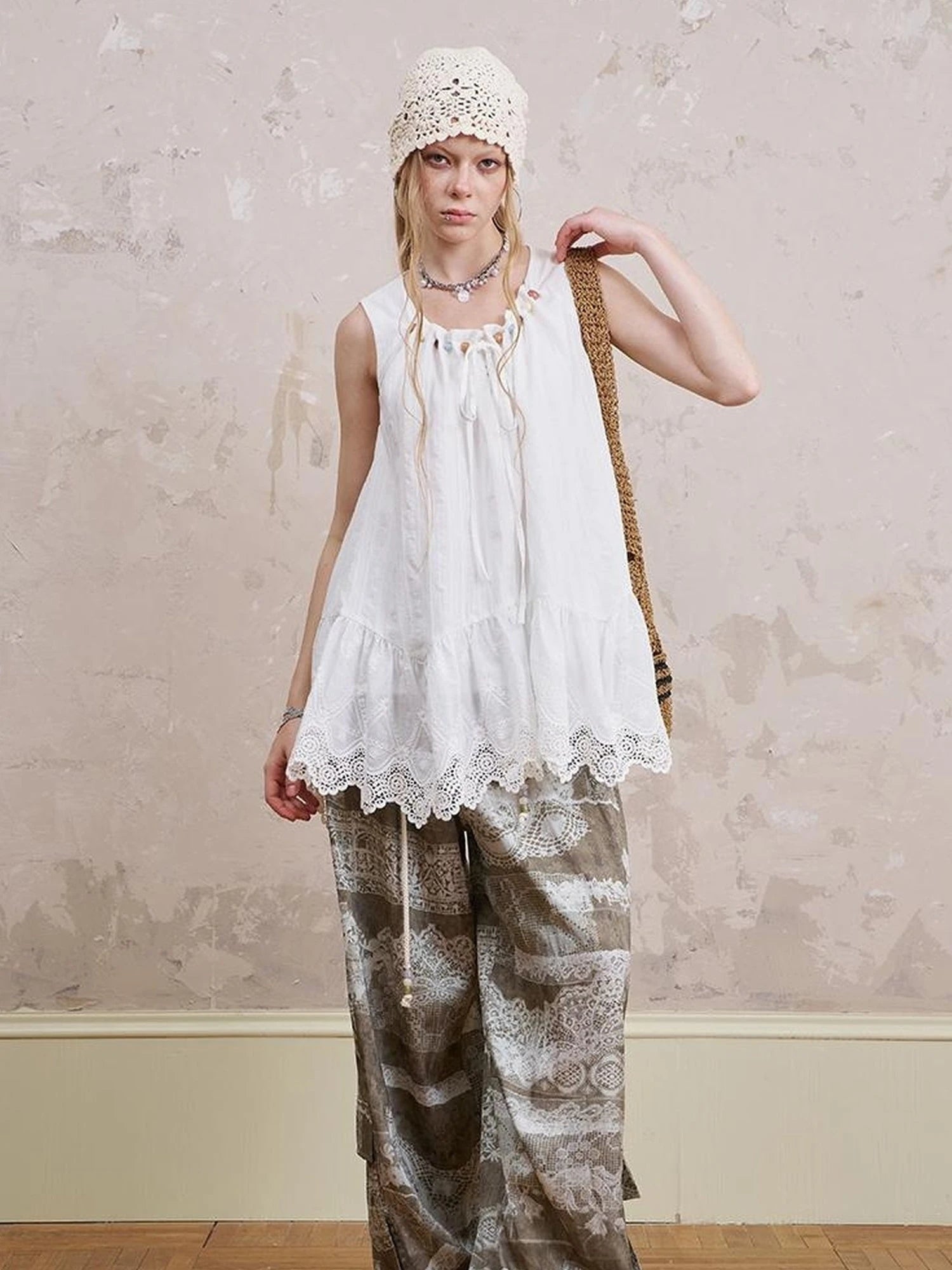 Bohemian Print Drawstring Wide Leg Pants
