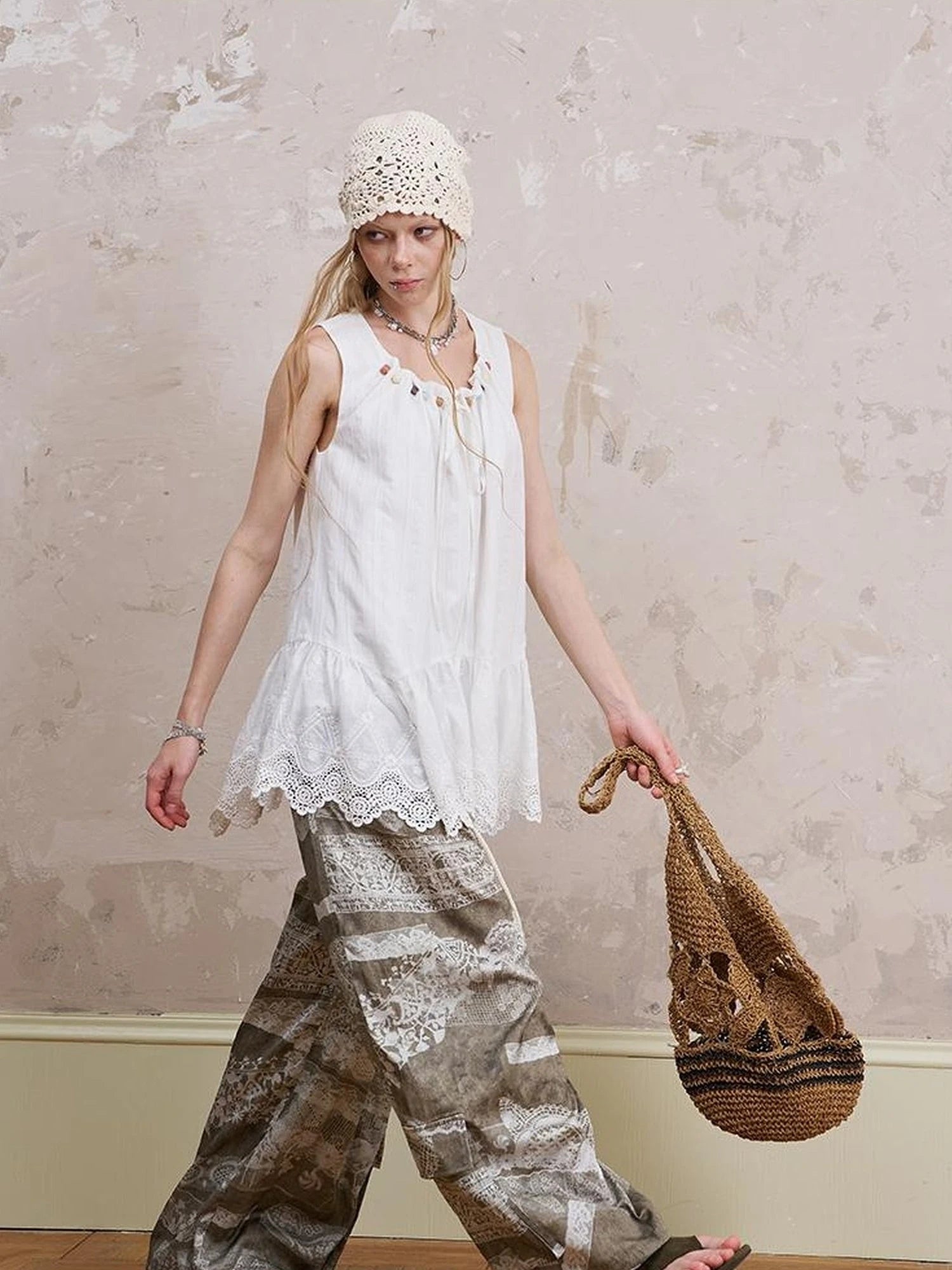 Bohemian Print Drawstring Wide Leg Pants