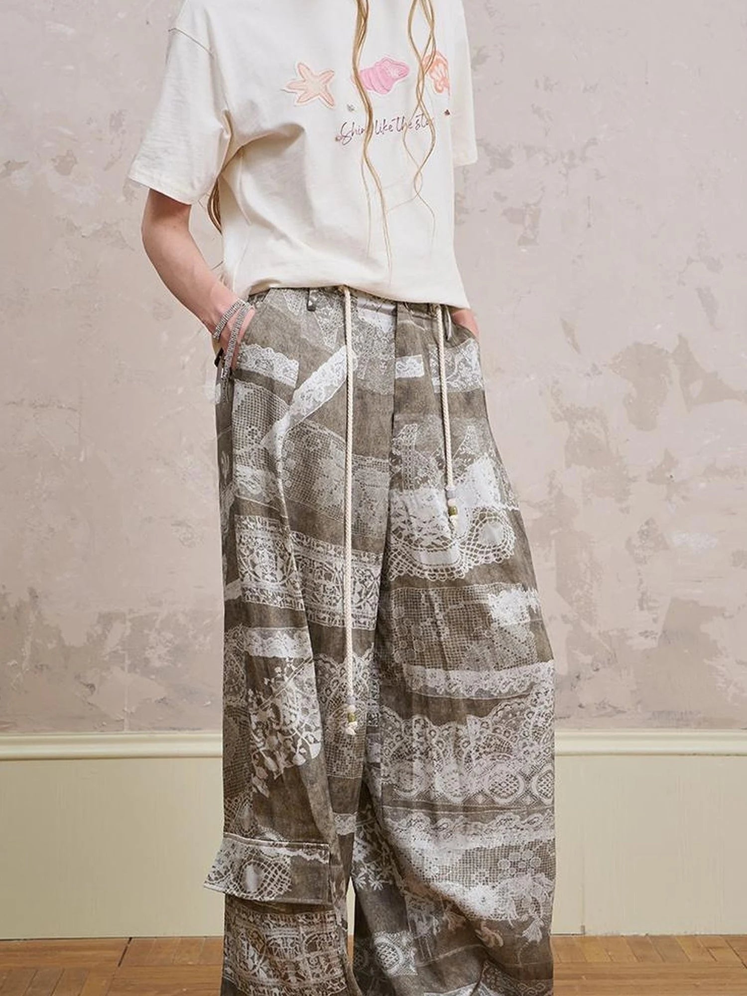 Bohemian Print Drawstring Wide Leg Pants
