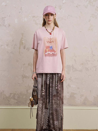 Bohemian Print Drawstring Wide Leg Pants