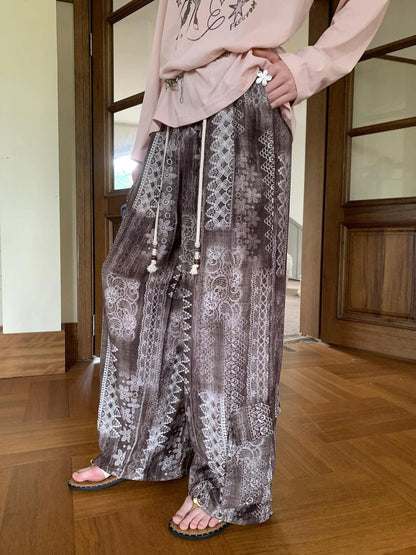 Bohemian Print Drawstring Wide Leg Pants