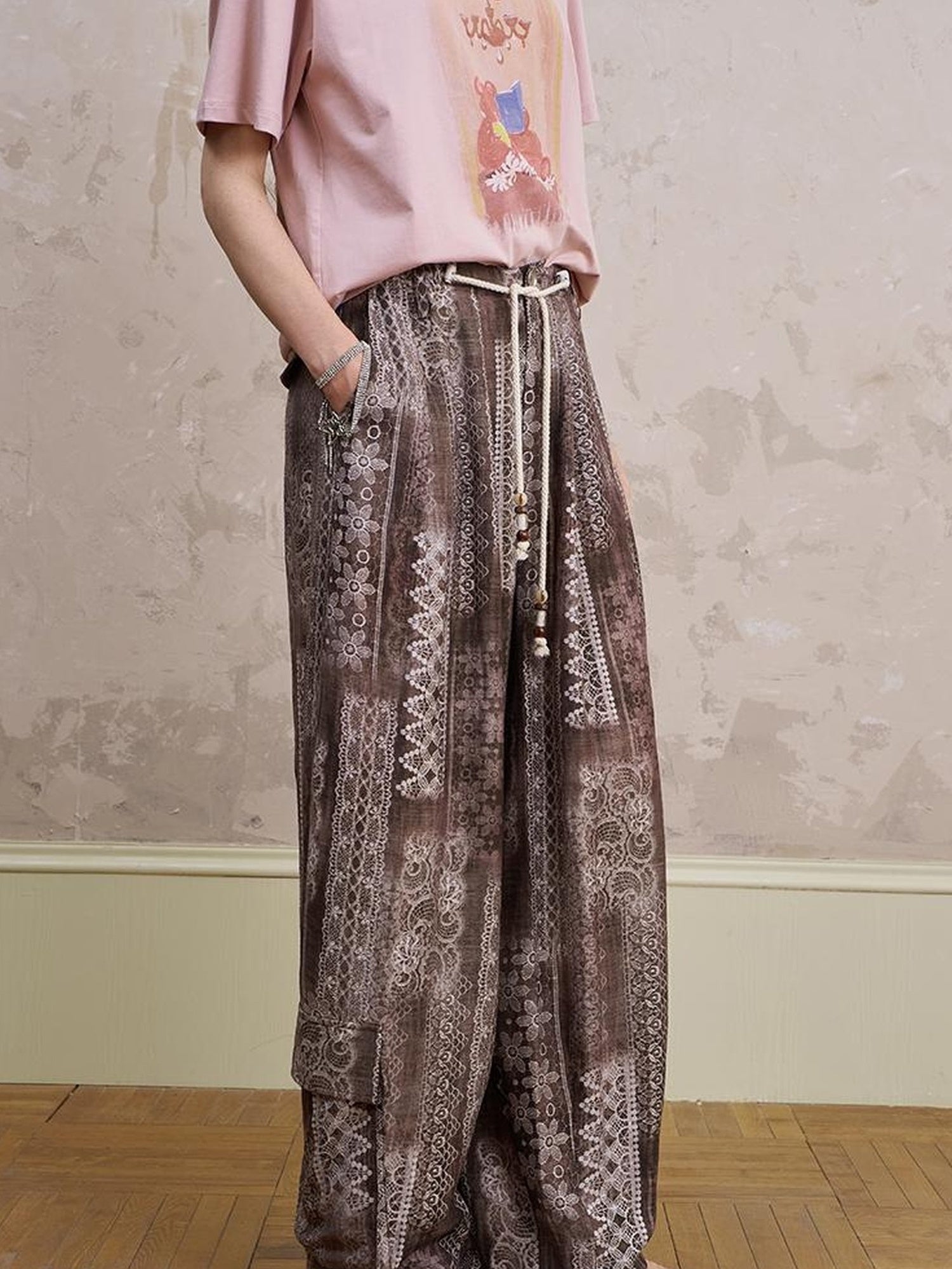 DIDDI MODA Bohemian Print Drawstring Wide Leg Pants
