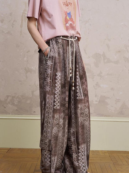 DIDDI MODA Bohemian Print Drawstring Wide Leg Pants