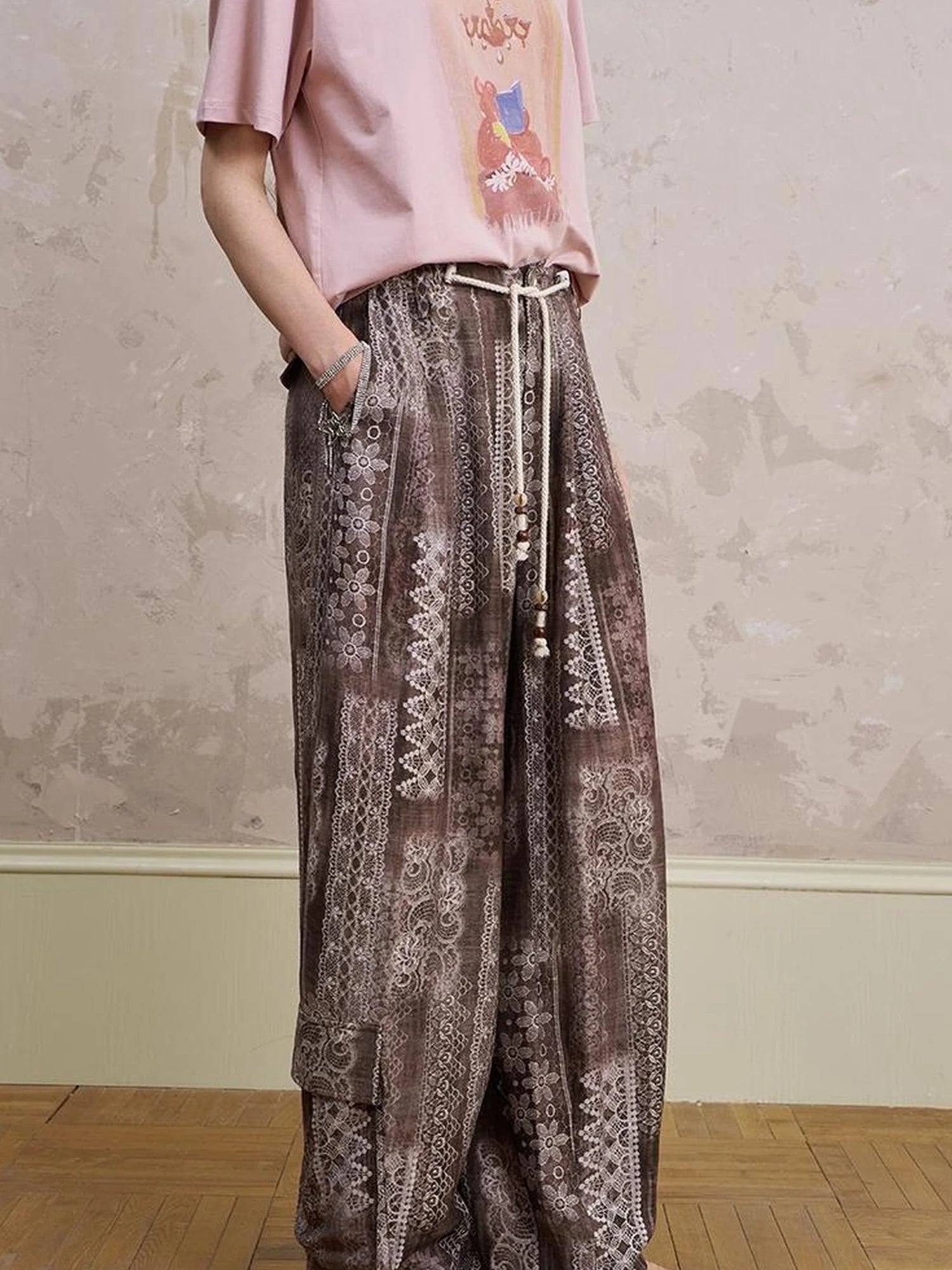 Bohemian Print Drawstring Wide Leg Pants