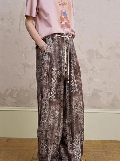 Bohemian Print Drawstring Wide Leg Pants