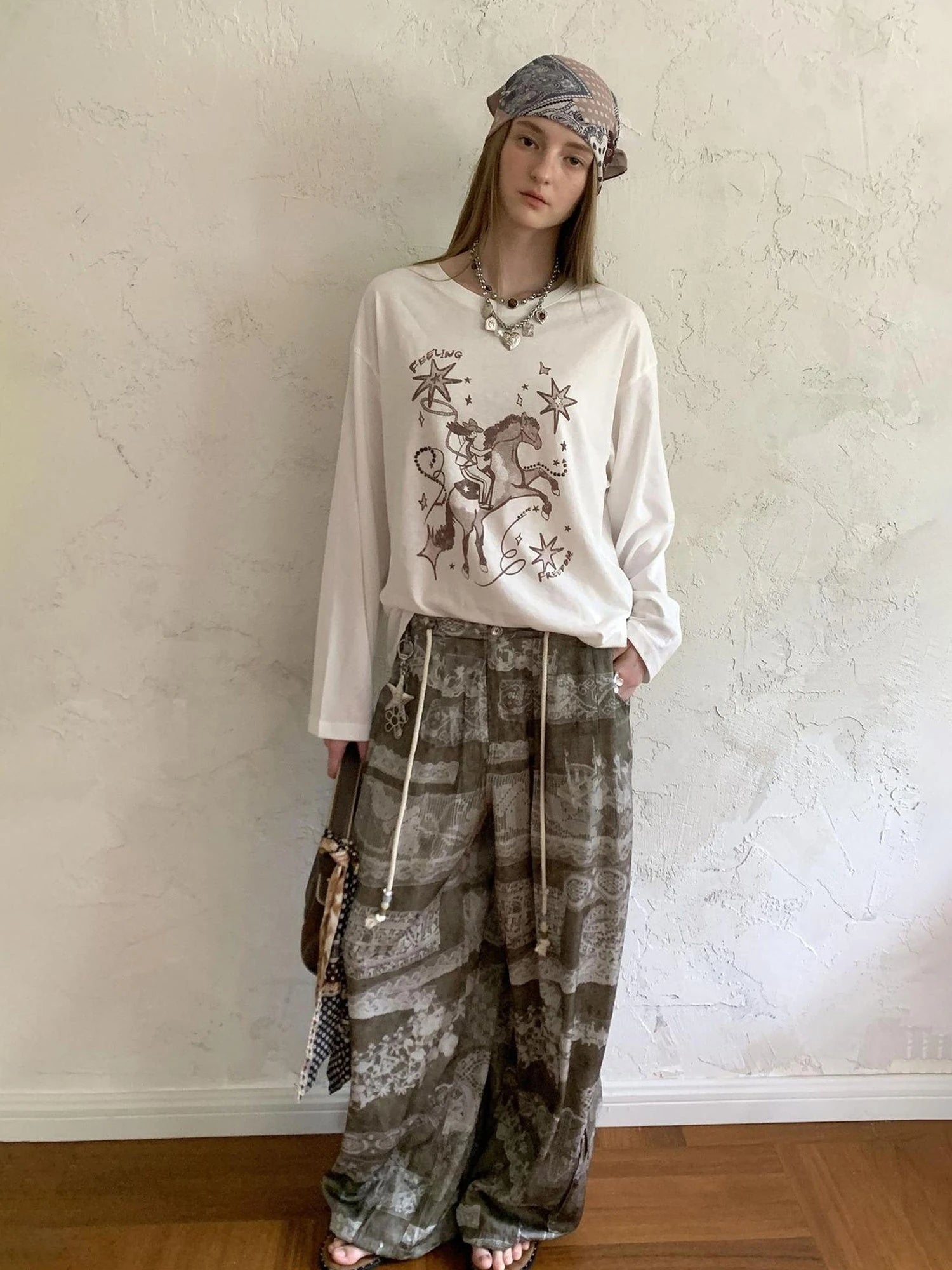 Bohemian Print Drawstring Wide Leg Pants