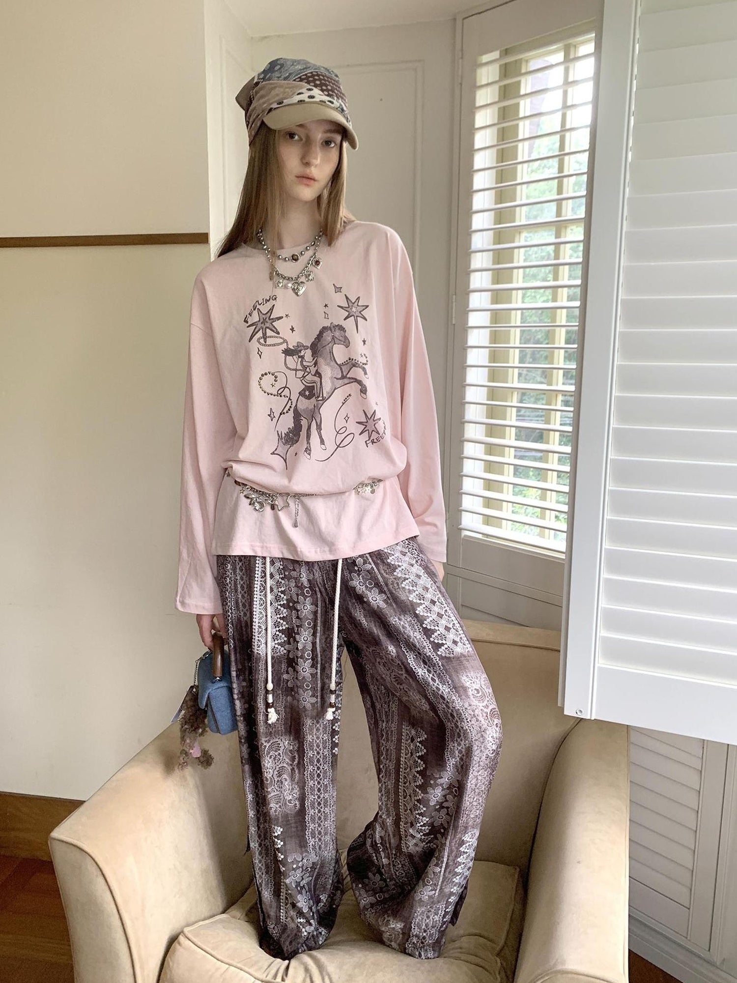 DIDDI MODA Bohemian Print Drawstring Wide Leg Pants
