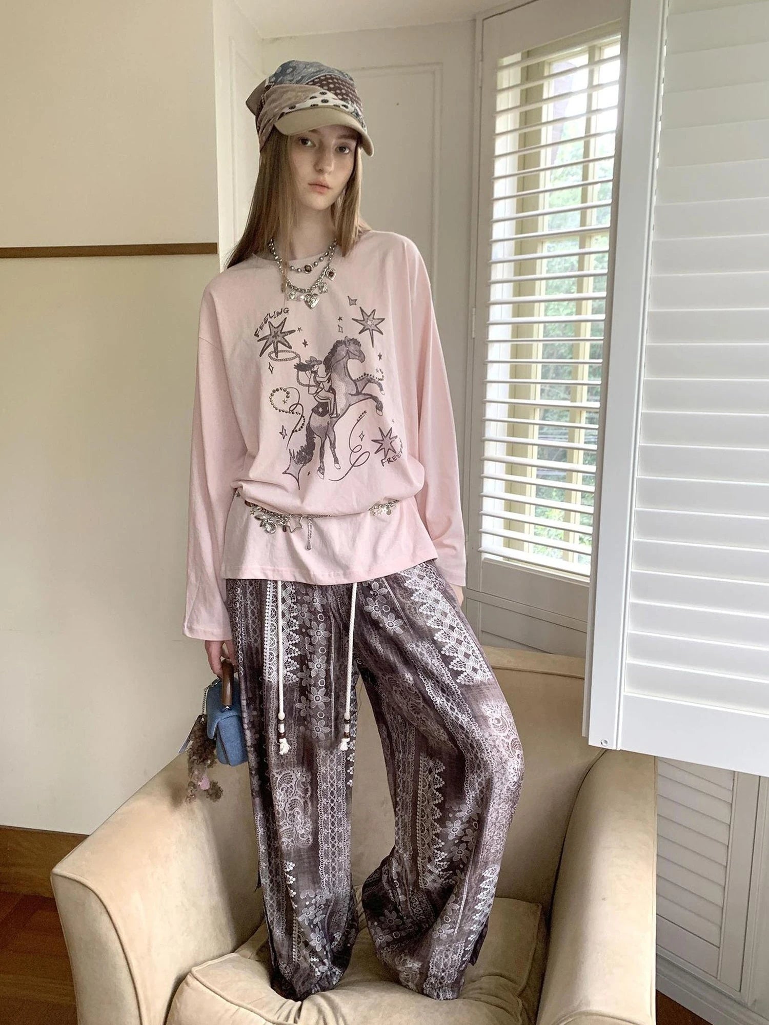 Bohemian Print Drawstring Wide Leg Pants