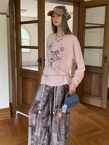 Bohemian Print Drawstring Wide Leg Pants