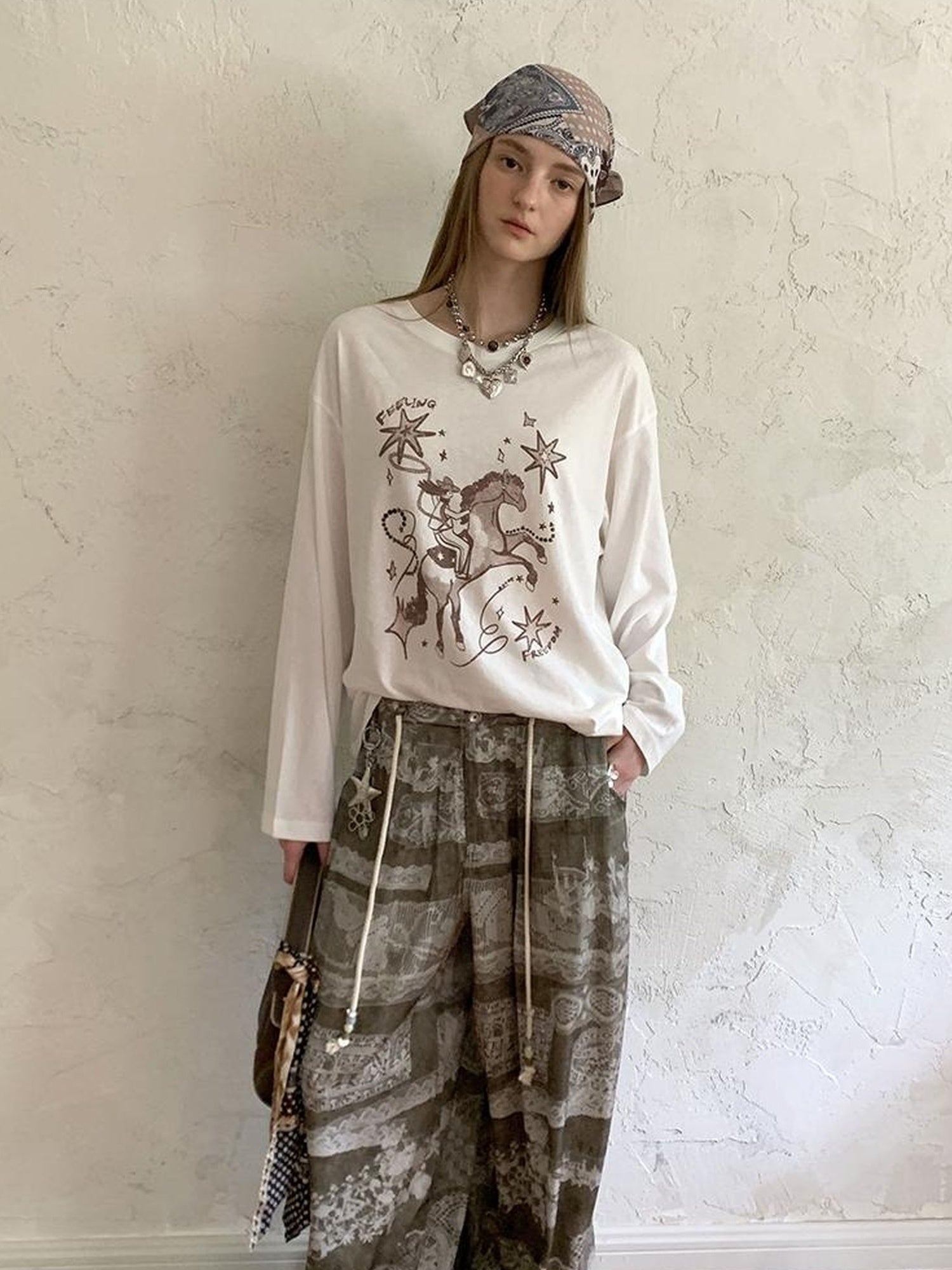 DIDDI MODA Bohemian Print Drawstring Wide Leg Pants