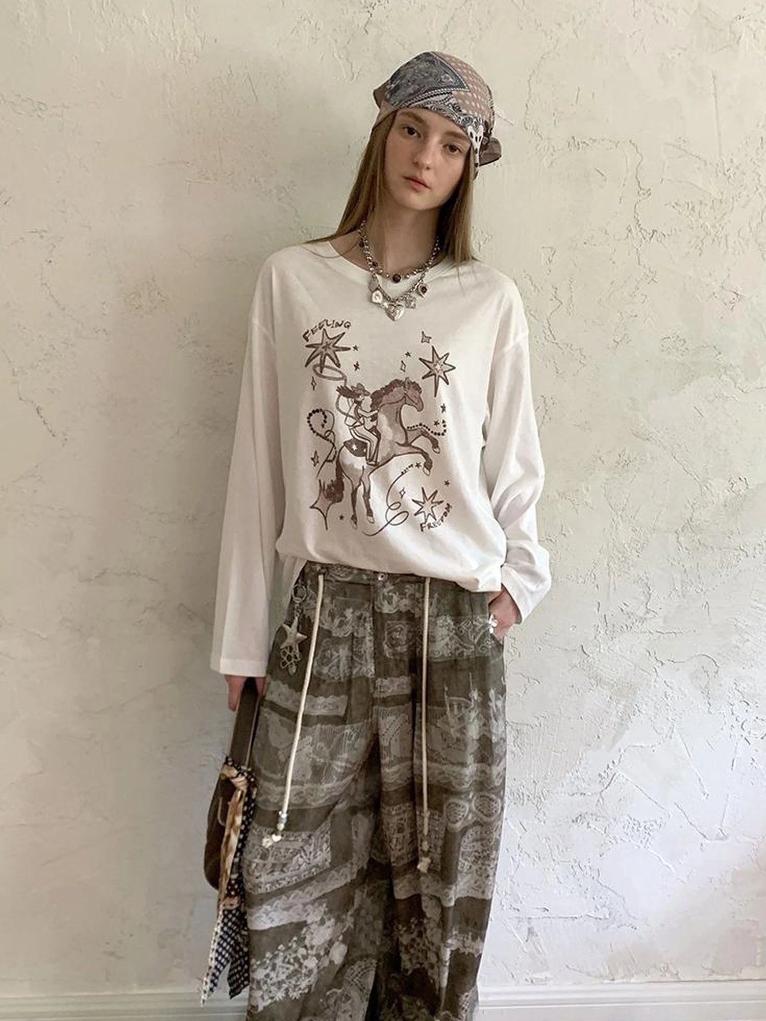 Bohemian Print Drawstring Wide Leg Pants
