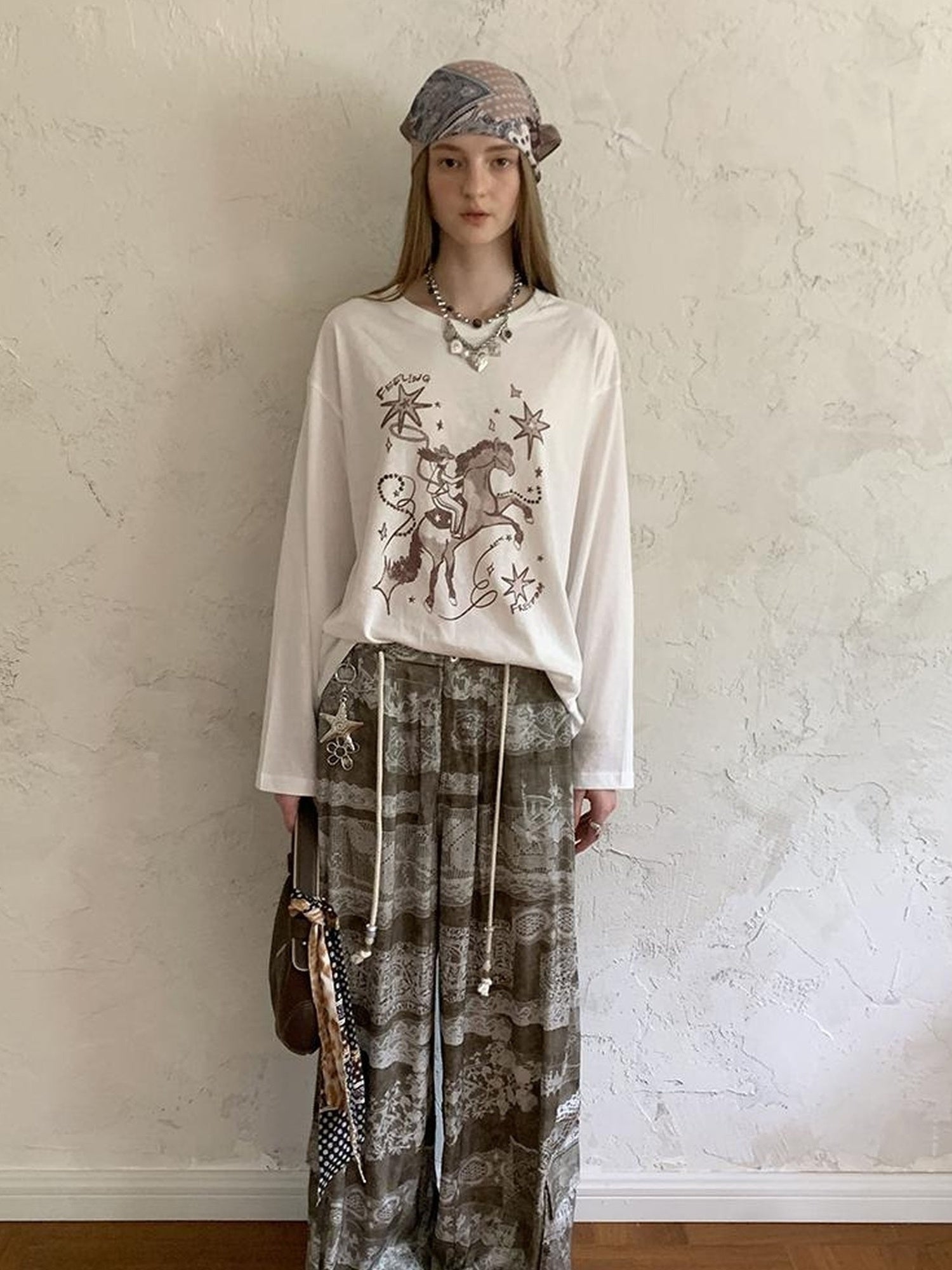 DIDDI MODA Bohemian Print Drawstring Wide Leg Pants