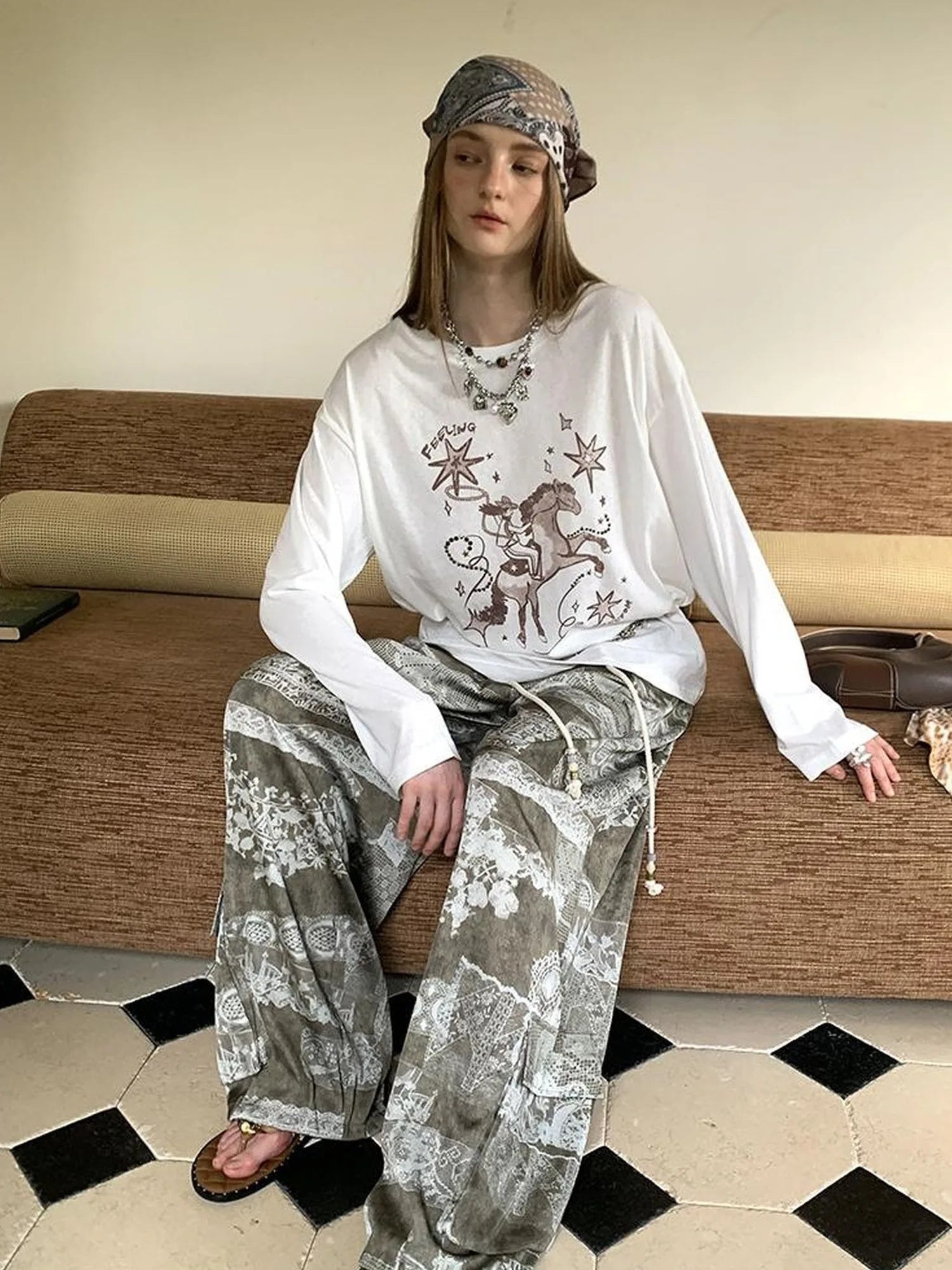 Bohemian Print Drawstring Wide Leg Pants