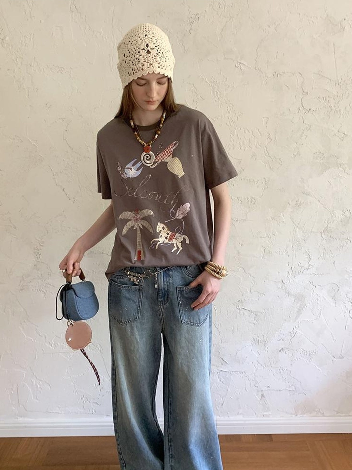 DIDDI MODA Bohemian Print Loose Fit Vintage Graphic Tee