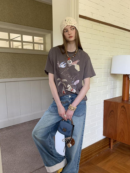 DIDDI MODA Bohemian Print Loose Fit Vintage Graphic Tee