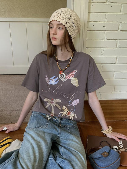 DIDDI MODA Bohemian Print Loose Fit Vintage Graphic Tee