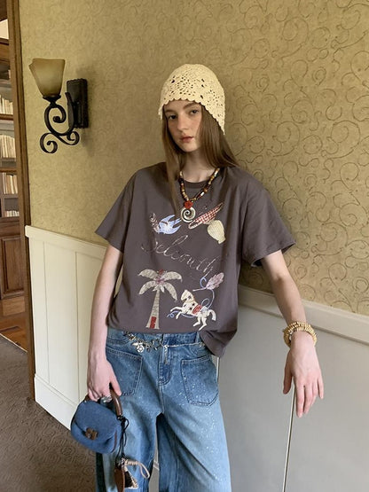 DIDDI MODA Bohemian Print Loose Fit Vintage Graphic Tee