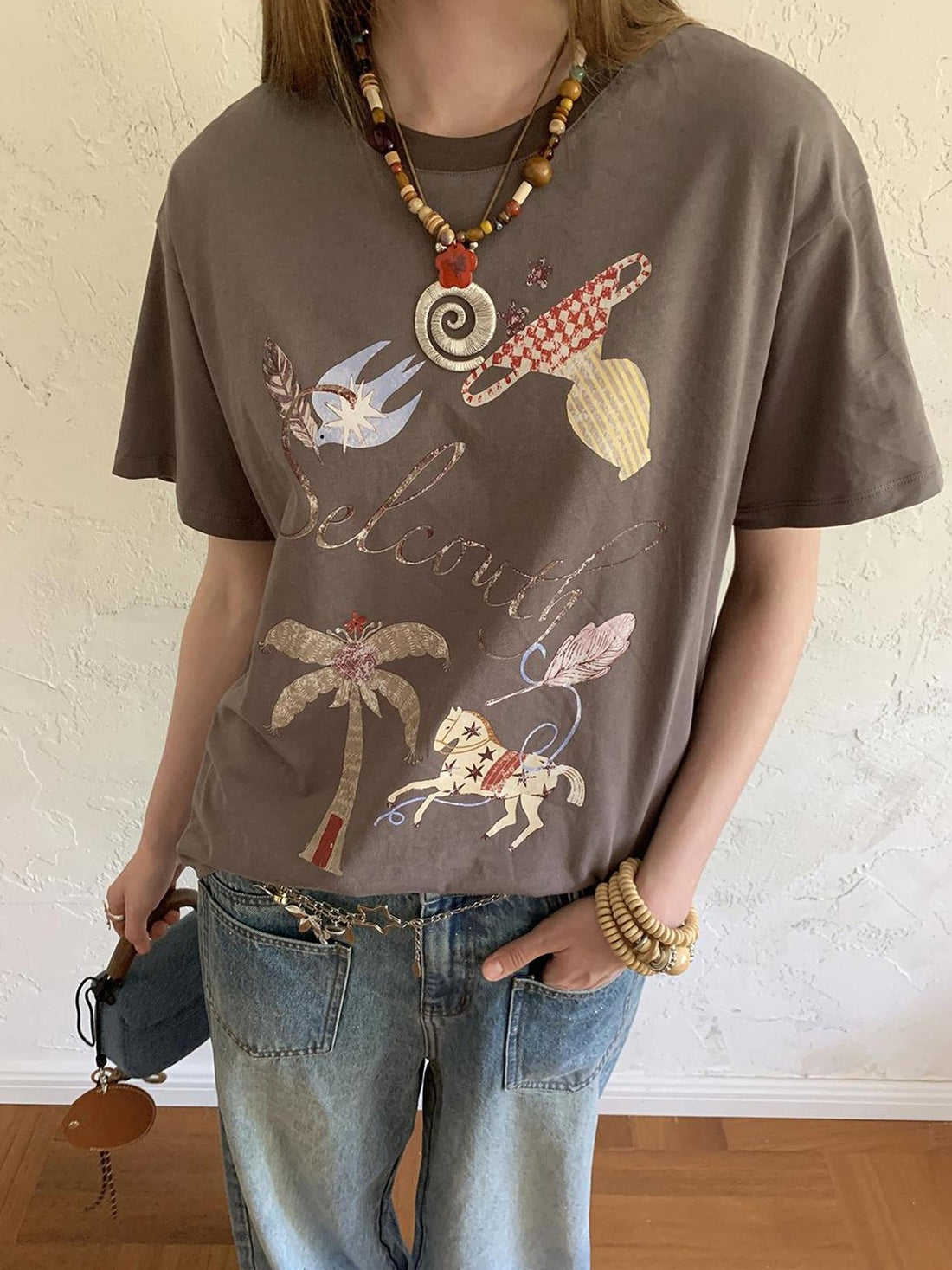 DIDDI MODA Bohemian Print Loose Fit Vintage Graphic Tee